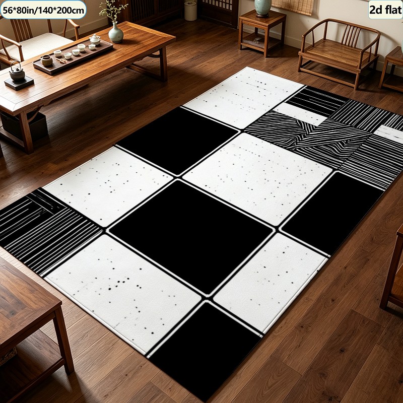 Printed Rug Abstract - พรมปูพื้นลายกระเบื้องสีดำขาวแบบแพทช์เวิร์ค, พรมพื้นลายเส้นนามธรรมทันสมัย, พรมกันลื่นสำหรับตกแต่งพื้นที่สำนักงาน ห้องนั่งเล่น และบ้าน