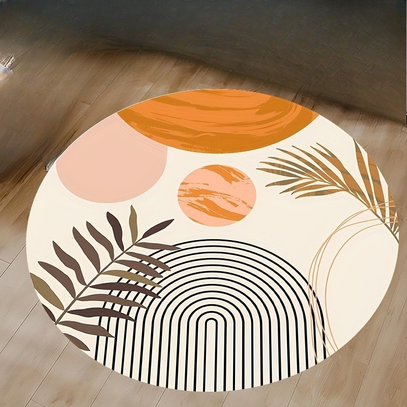 Printed Rug Abstract - พรมวงกลมสไตล์มิดเซ็นจูรีโมเดิร์น สีส้มอุ่นลายใบปาล์มแบบนามธรรม ป้องกันการลื่นไถล เหมาะสำหรับวางข้างเก้าอี้