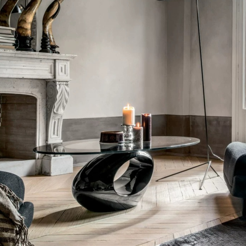Interior Design Dubai - โต๊ะกาแฟกระจกทรงรีดีไซน์สร้างสรรค์สไตล์ดูไบ กระจกนิรภัยสำหรับห้องนั่งเล่นและตกแต่งภายในบ้านสมัยใหม่ เฟอร์นิเจอร์ตกแต่งภายใน
