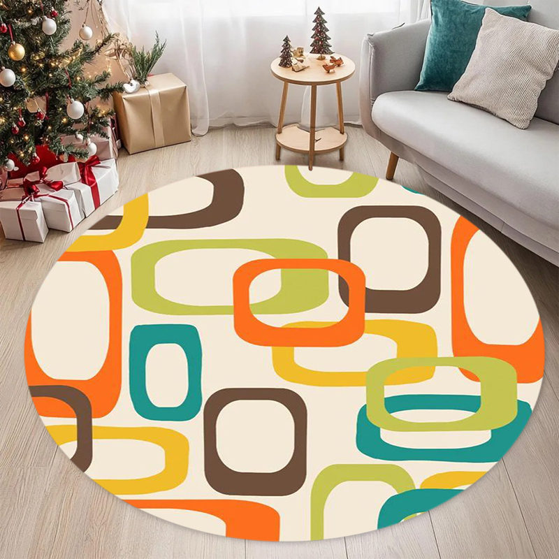 Printed Rug Abstract - พรมทรงกลมลายเรขาคณิตสไตล์มิดเซ็นจูรีโมเดิร์น สีสันเรโทร ลายพิมพ์สี่เหลี่ยมแบบนามธรรม สำหรับตกแต่งห้องนั่งเล่น ห้องนอน และบ้าน