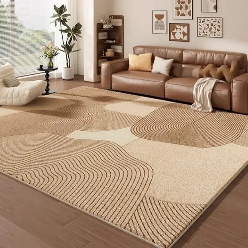 Printed Rug Abstract - พรมปูพื้นขนาดใหญ่สำหรับห้องนั่งเล่นและห้องนอน สีเบจ-น้ำตาล ลายเส้นโค้งแบบนามธรรม พิมพ์ลายบล็อก พรมนุ่มสบาย ตกแต่งบ้านสไตล์โมเดิร์นมินิมอล