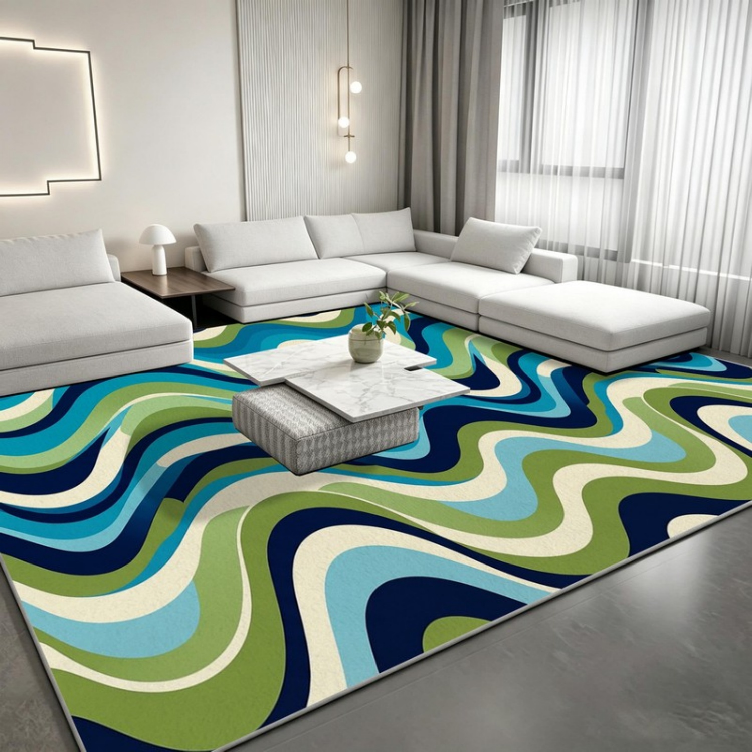 Printed Rug Abstract - พรมตกแต่งห้อง, พรมปูพื้นลายเส้นคลื่นสลับสีฟ้าเขียว, พรมปูพื้นลายคลื่นแบบนามธรรมร่วมสมัย, พรมขนนุ่มสำหรับห้องนอน, พรมสำหรับห้องนั่งเล่น, ของตกแต่งบ้าน,
