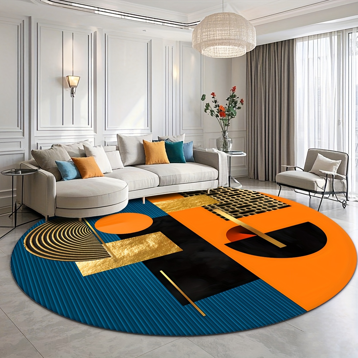 Printed Rug Abstract - พรมกลมลายเรขาคณิตสีส้ม น้ำเงิน ทอง ดีไซน์หรูหรา ผ้าฟลานเนลกันลื่น สำหรับห้องนั่งเล่น
