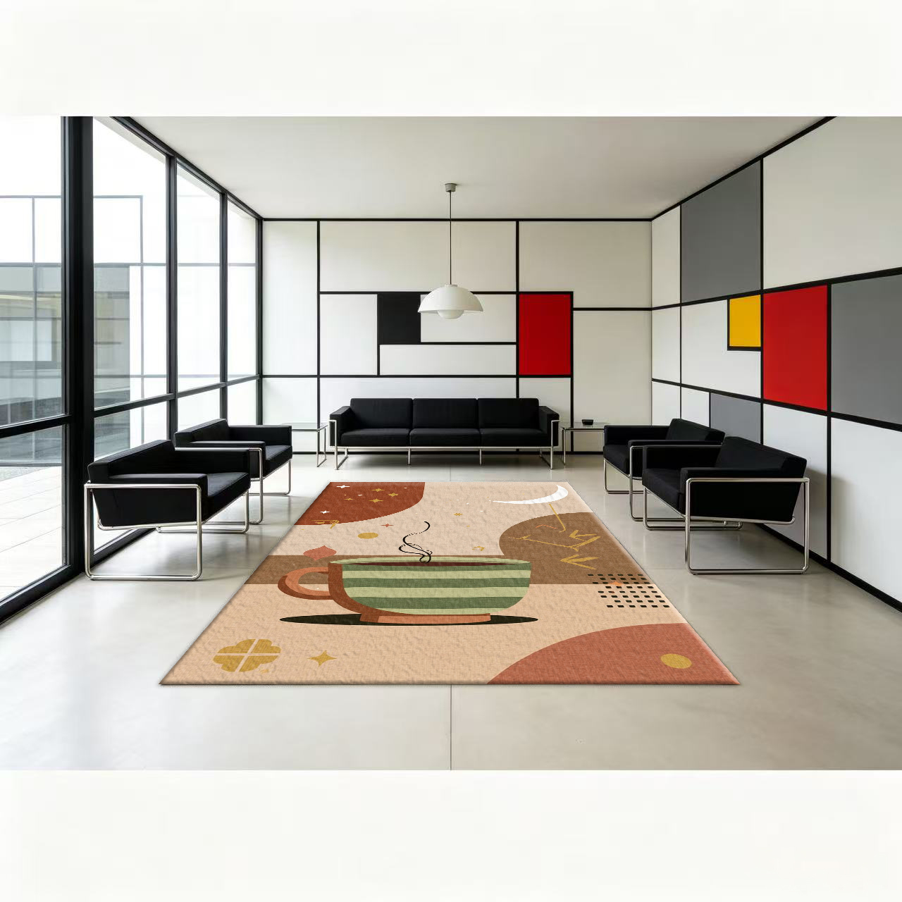 Printed Rug Abstract - พรมลายโบโฮเรโทรลายถ้วยชา ดวงจันทร์ และดวงดาว พรมพื้นลายสวยงาม พิมพ์ลายสวยงาม แผ่นรองพื้นกันลื่นสำหรับใช้ในบ้าน