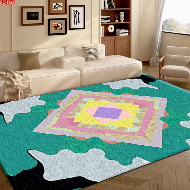 Printed Rug Abstract - พรมปูพื้นลายเพชรหลายชั้นสีสันสดใส ลายเรขาคณิตสมมาตร ลายพิมพ์บล็อกสีแบบนามธรรมลายแมนดาลาทรงสี่เหลี่ยม สำหรับตกแต่งห้องนั่งเล่น ห้องนอน และบ้าน