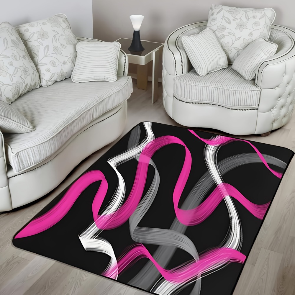Printed Rug Abstract - พรมลายทางเรขาคณิตสีชมพูร้อนและสีเทาดำ พรมตกแต่งภายในแบบโมเดิร์นกันลื่น พรมปูพื้นตกแต่งภายใน