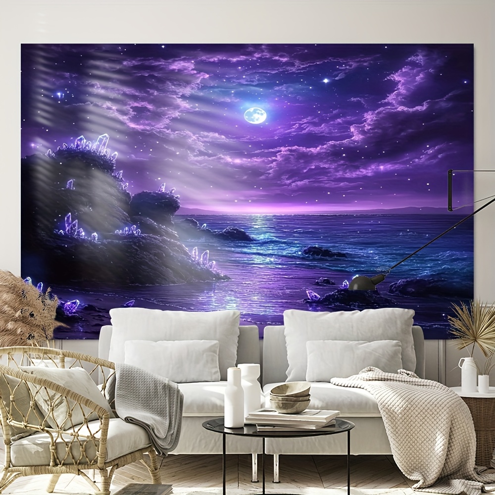 Interior Design Hd - ภาพจิตรกรรมฝาผนังทะเลพระจันทร์สีม่วง 2D HD การพิมพ์ภาพวิวแฟนตาซี ศิลปะจักรวาล ตกแต่งห้องนั่งเล่น