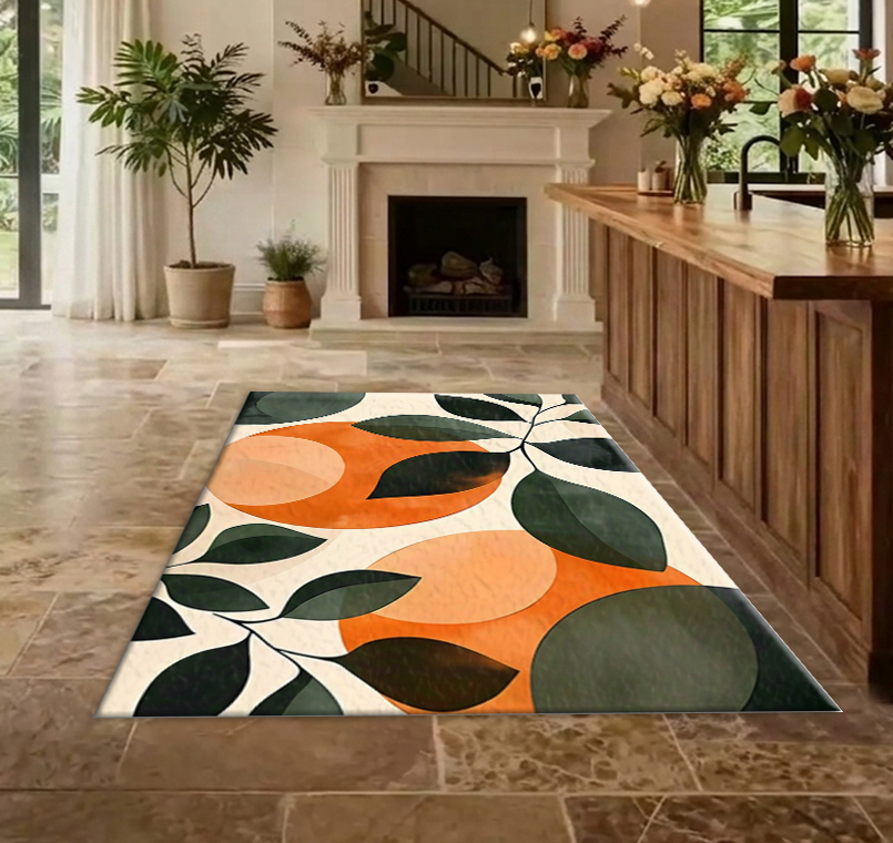พรมปูพื้นลายผลไม้สีส้มใบไม้สีเ - Printed Rug Abstract บทวิจารณ์และราคา