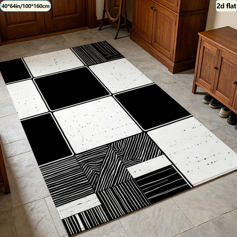 พรมปูพื้นลายกระเบื้องสีดำขาวแบ - Printed Rug Abstract บทวิจารณ์และราคา