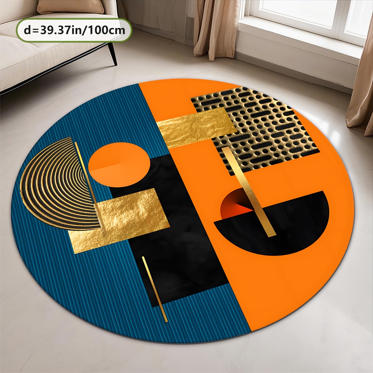 พรมกลมลายเรขาคณิตสีส้ม น้ำเงิน - Printed Rug Abstract บทวิจารณ์และราคา