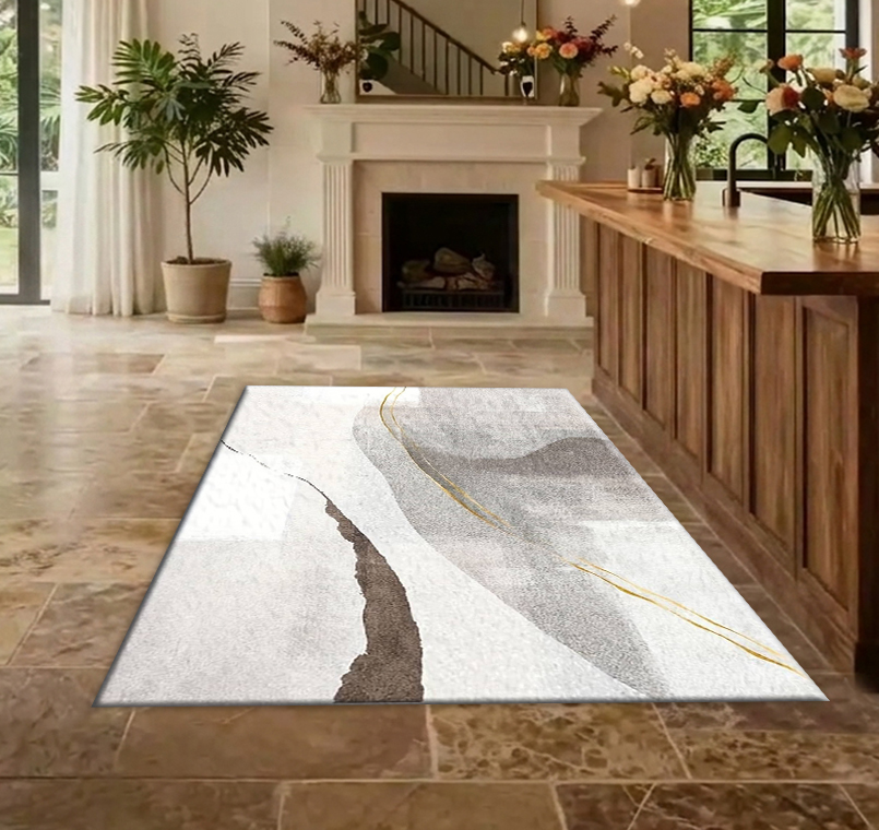 พรมปูพื้นลายหินอ่อนสีเทาเบจทอง - Printed Rug Abstract บทวิจารณ์และราคา